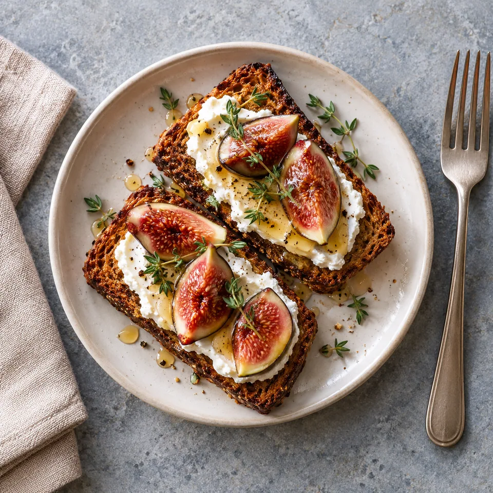 Toasts de pain d’épices, chèvre et figue : tranches dorées garnies de chèvre frais et quartiers de figues sur assiette blanche.
