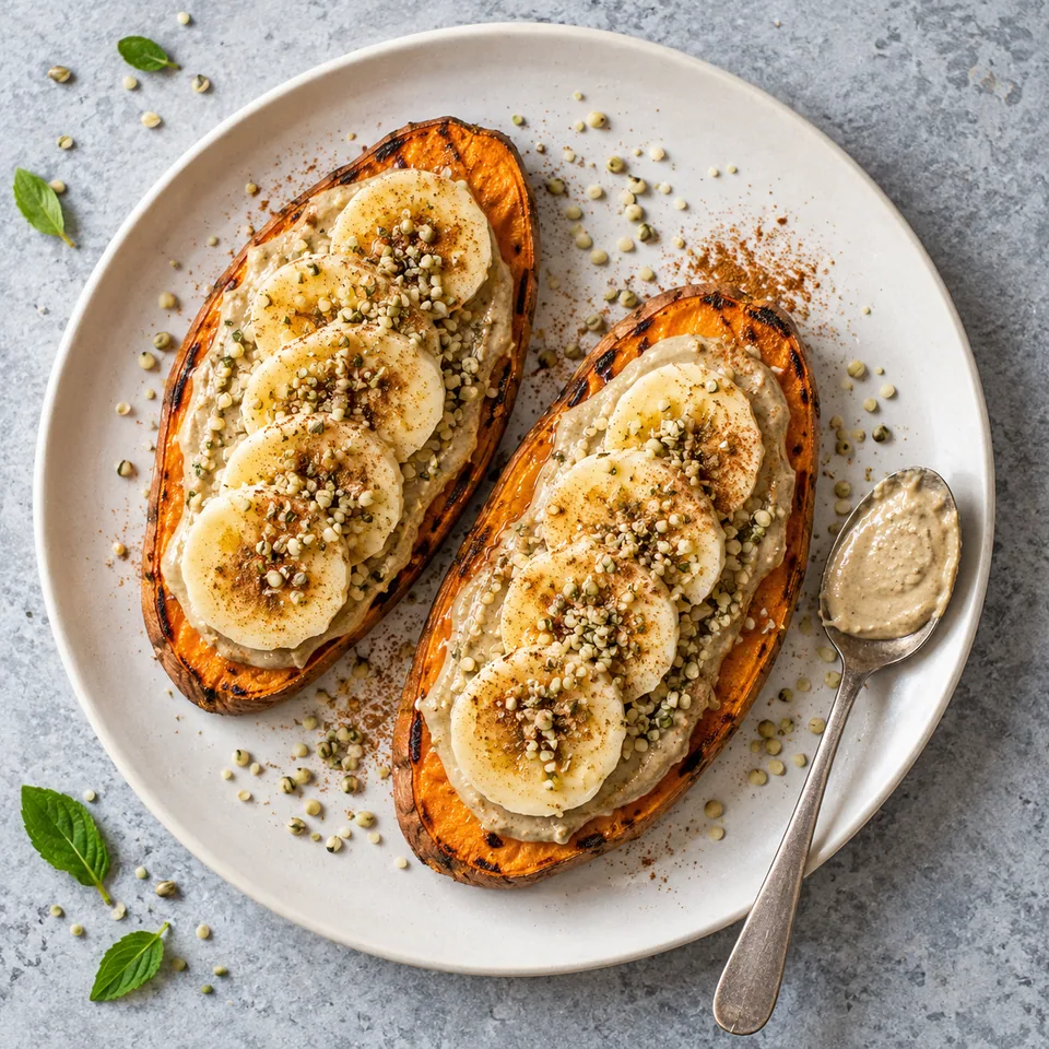 Toasts de patate douce à la banane : tranches grillées dorées, tartiner de purée, garnies de banane et graines sur assiette blanche.
