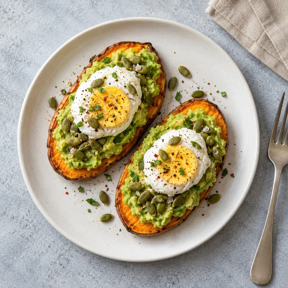 Toasts de patate douce rôtie, avocat écrasé et œuf poché bien cuit, garnis de graines de courge sur assiette blanche.