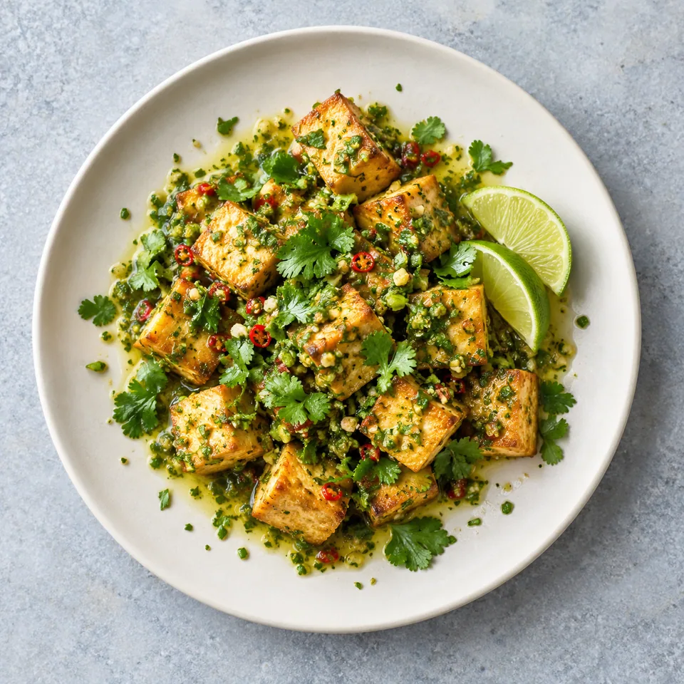 Tofu birman de pois chiches en cubes dorés, sauce verte coriandre-piment, assiette blanche.