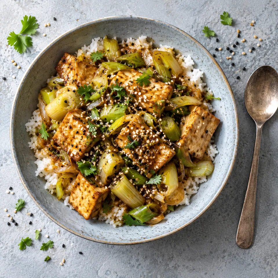 Tofu braisé aux poireaux et riz minute servi dans une assiette creuse bleu-gris, garni de graines de sésame.