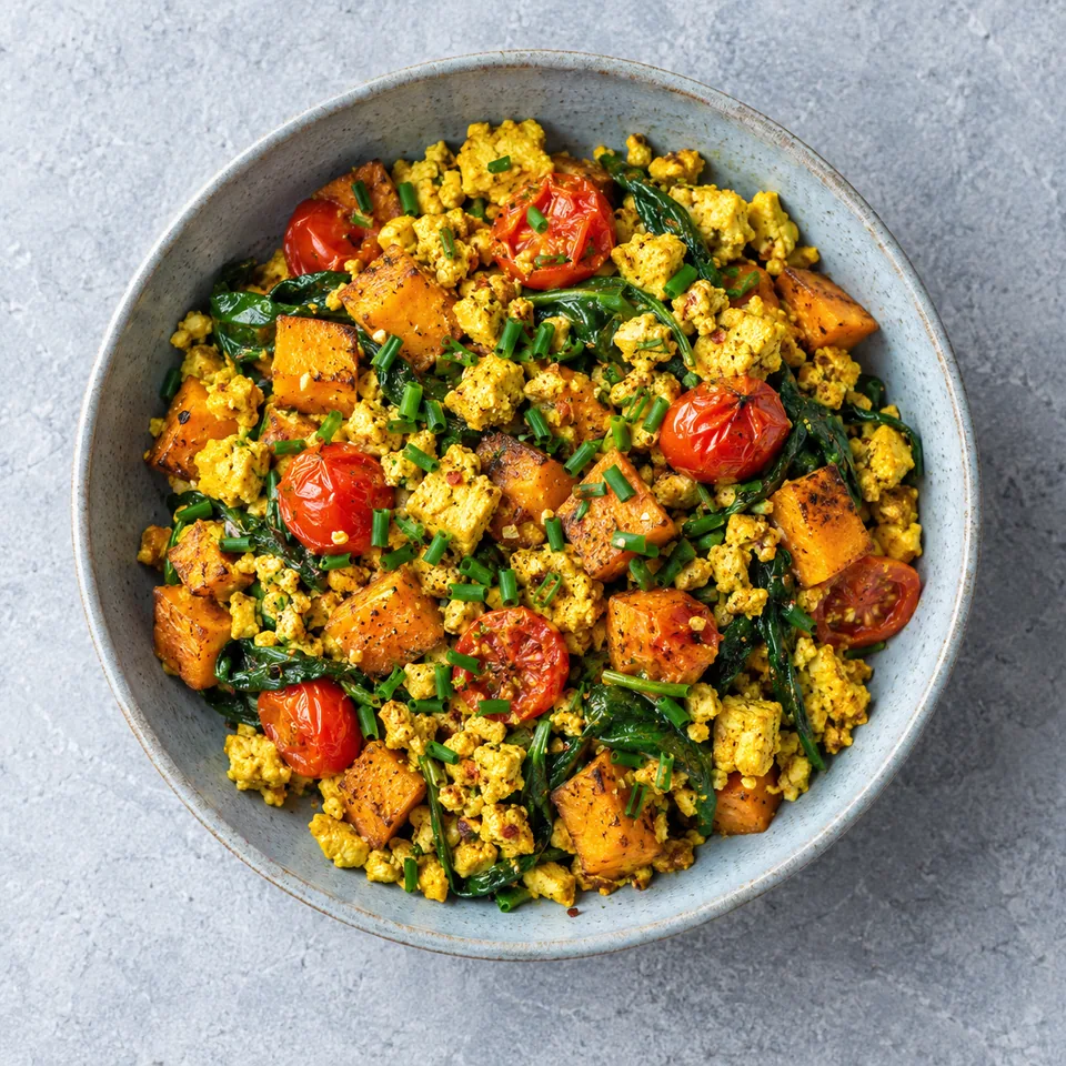 Assiette creuse bleu-gris contenant une portion de tofu brouillé au curcuma, dés de patate douce, tomates cerises et épinards, garni de ciboulette.