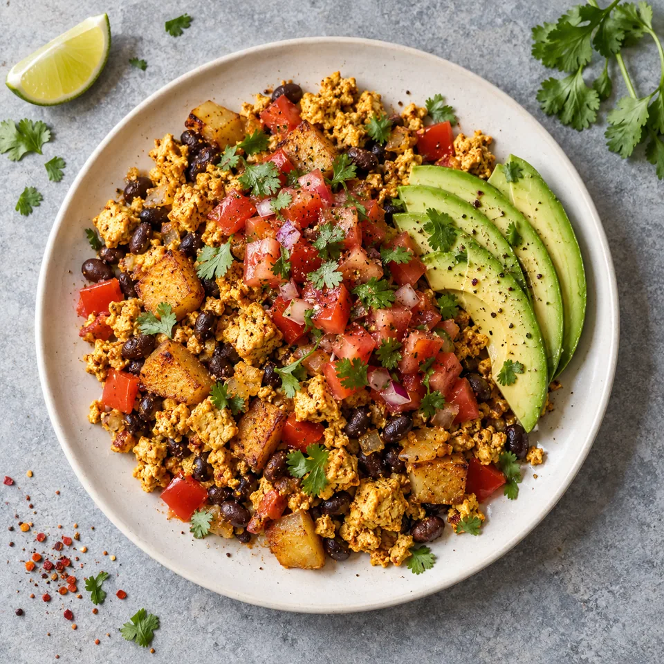 Assiette de tofu brouillé mexicain aux haricots noirs, pommes de terre, poivron et avocat, garni de salsa tomate-corriandre.