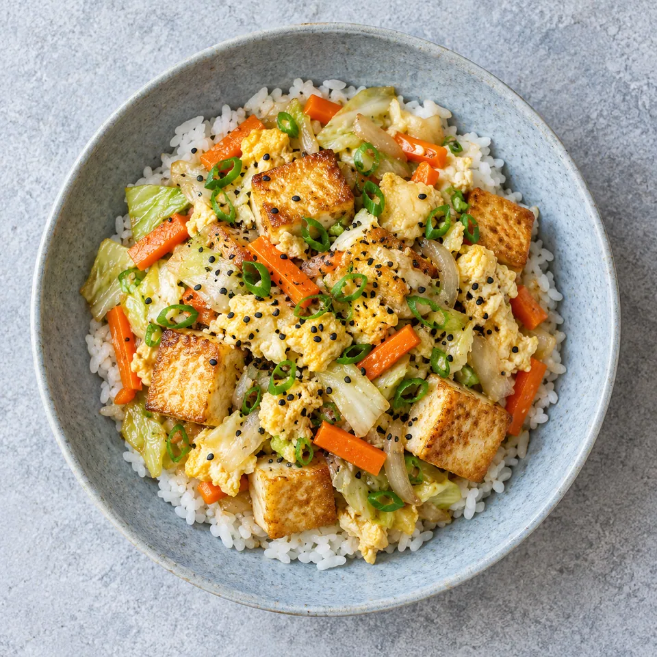 Portion de tofu chanpurū avec riz, légumes croquants et œufs brouillés sur une assiette bleu-gris.