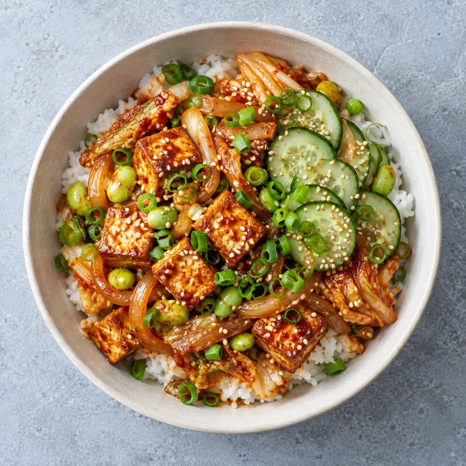 Tofu coréen, riz et chou chinois sauté : bol blanc cassé rempli de riz, tofu doré, légumes sautés rouges et verts, graines de sésame.