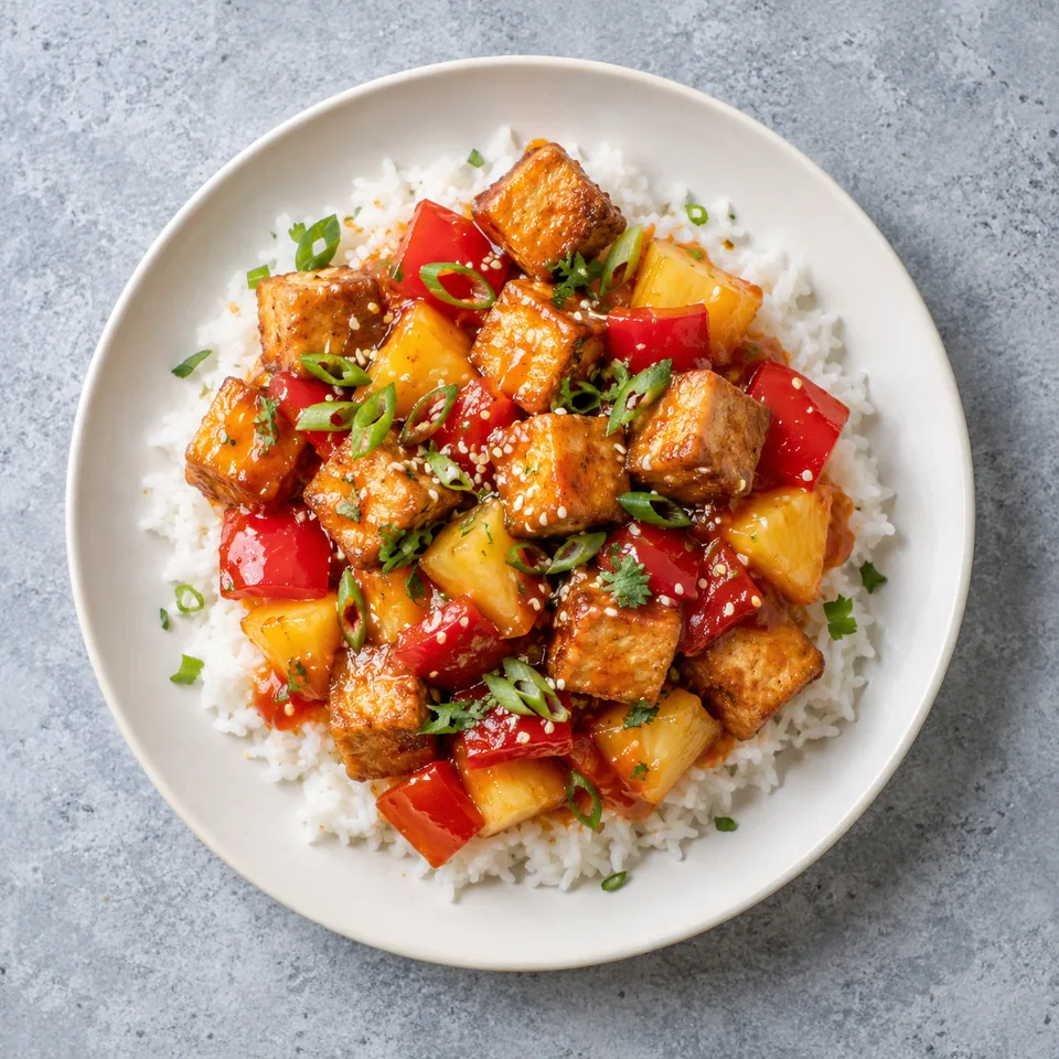 Assiette de tofu croustillant à l'air fryer sur riz, sauce aigre-douce aux dés de poivron rouge et ananas.