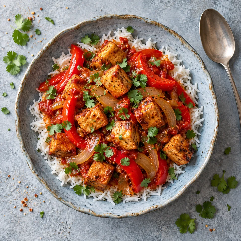 Bol de riz basmati au tofu doré aux poivrons rouges et oignons, parsemé de coriandre fraîche.