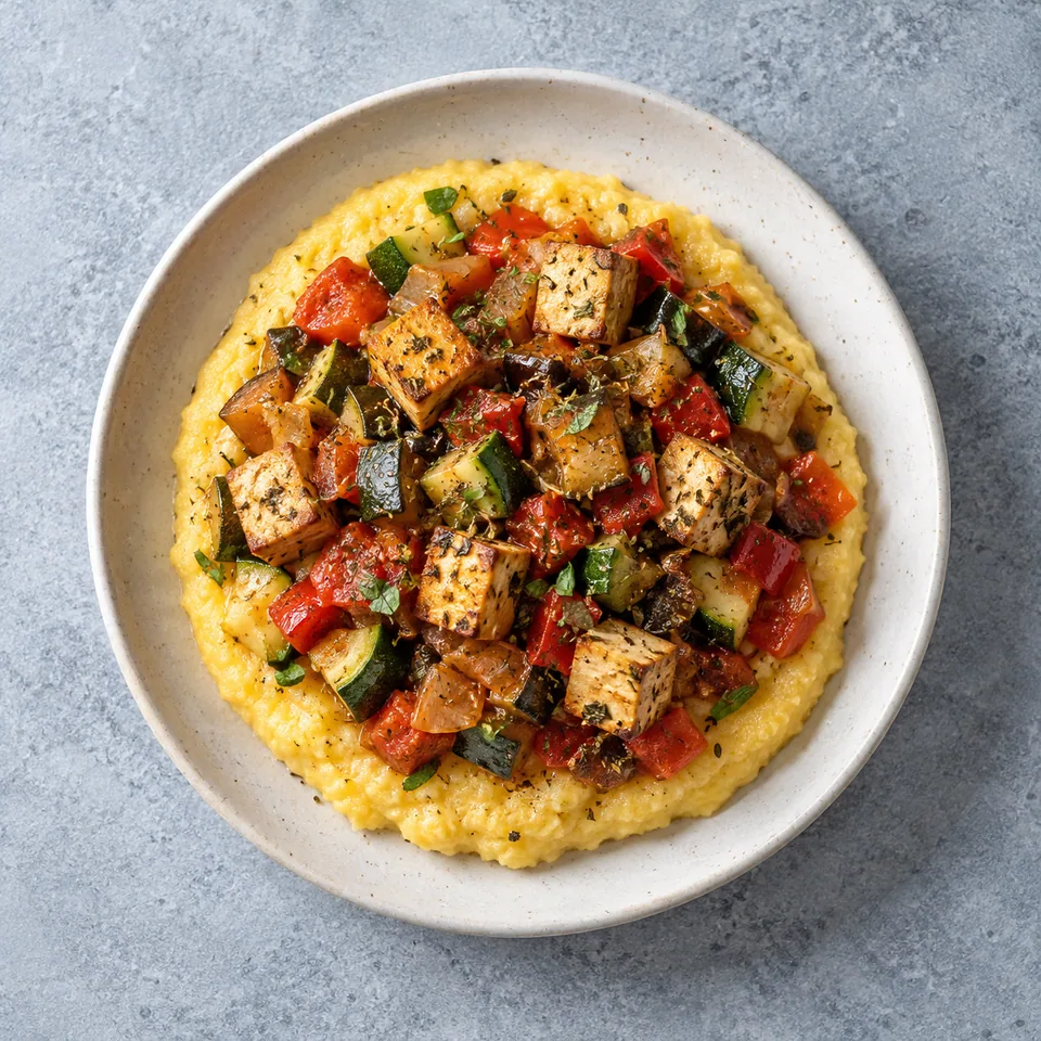 Tofu fumé, polenta et ratatouille : polenta crémeuse, légumes en dés et cubes de tofu dorés dans une assiette.