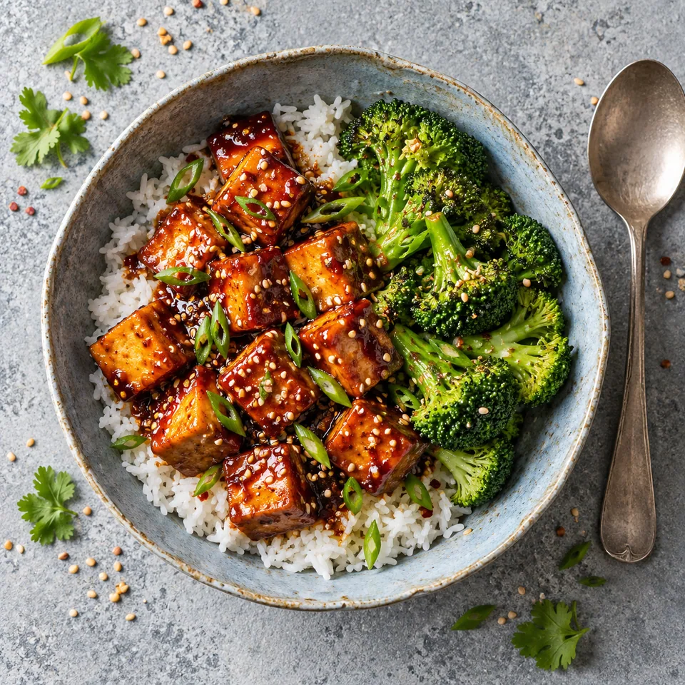 Tofu glacé au gochujang, riz et brocoli : cubes de tofu dorés et brillants sur riz et brocoli vert, parsemés de sésame.