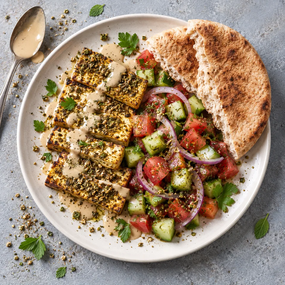 Tofu grillé au zaatar sur assiette blanche avec salade de tomates et concombre, sauce tahini et pita dorée.