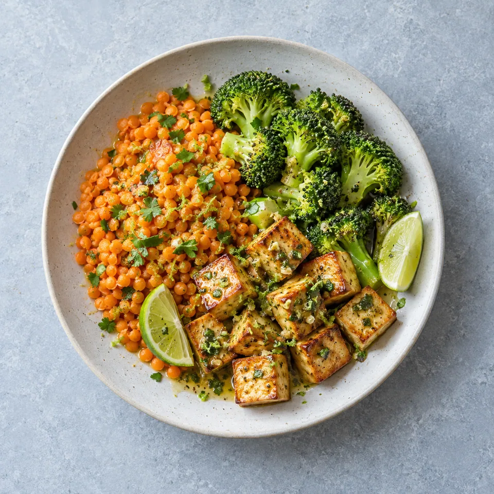 Tofu grillé, lentilles corail et brocoli : lentilles, fleurettes vertes et tofu doré nappés de sauce au citron vert.