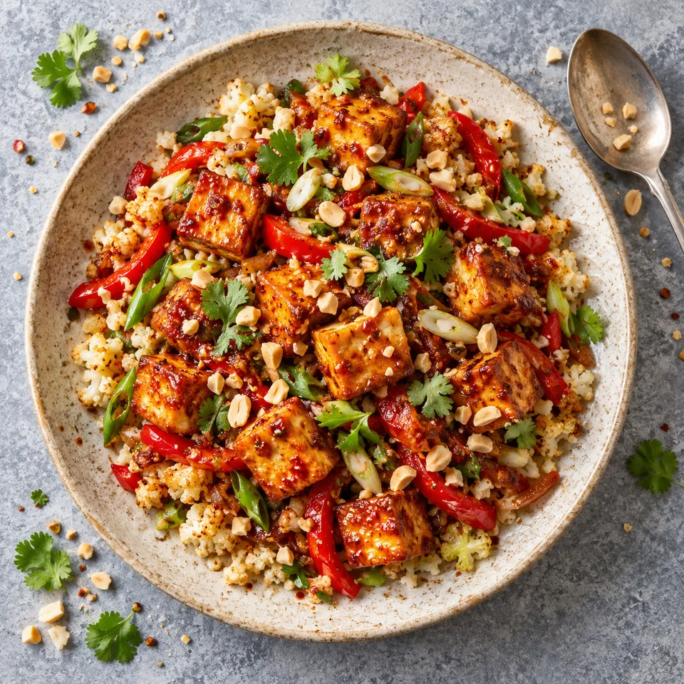 Assiette de tofu kung pao aux poivrons et cacahuètes, tofu doré sur légumes colorés, sauce brillante et noix croquantes.