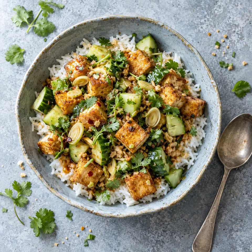 Tofu sauté à la citronnelle, riz jasmin : bol de riz blanc avec tofu doré, dés de concombre et coriandre.