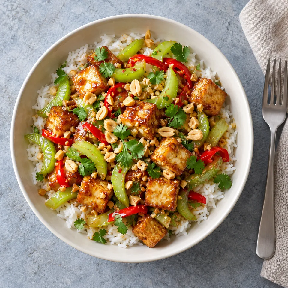 Bol de riz sauté au tofu doré, céleri vert, piment rouge, cacahuètes et coriandre fraîche.