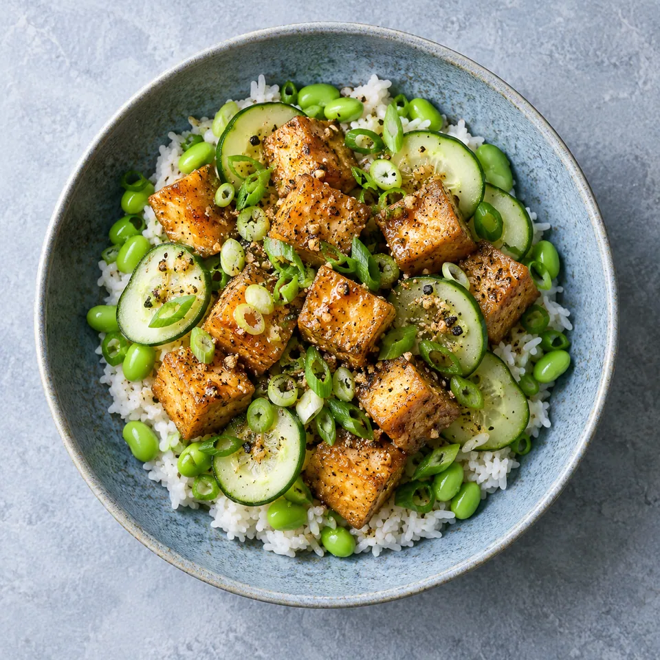 Tofu sel et poivre, riz et concombre : cubes de tofu dorés sur riz et fèves, garnis de concombre et ciboule.