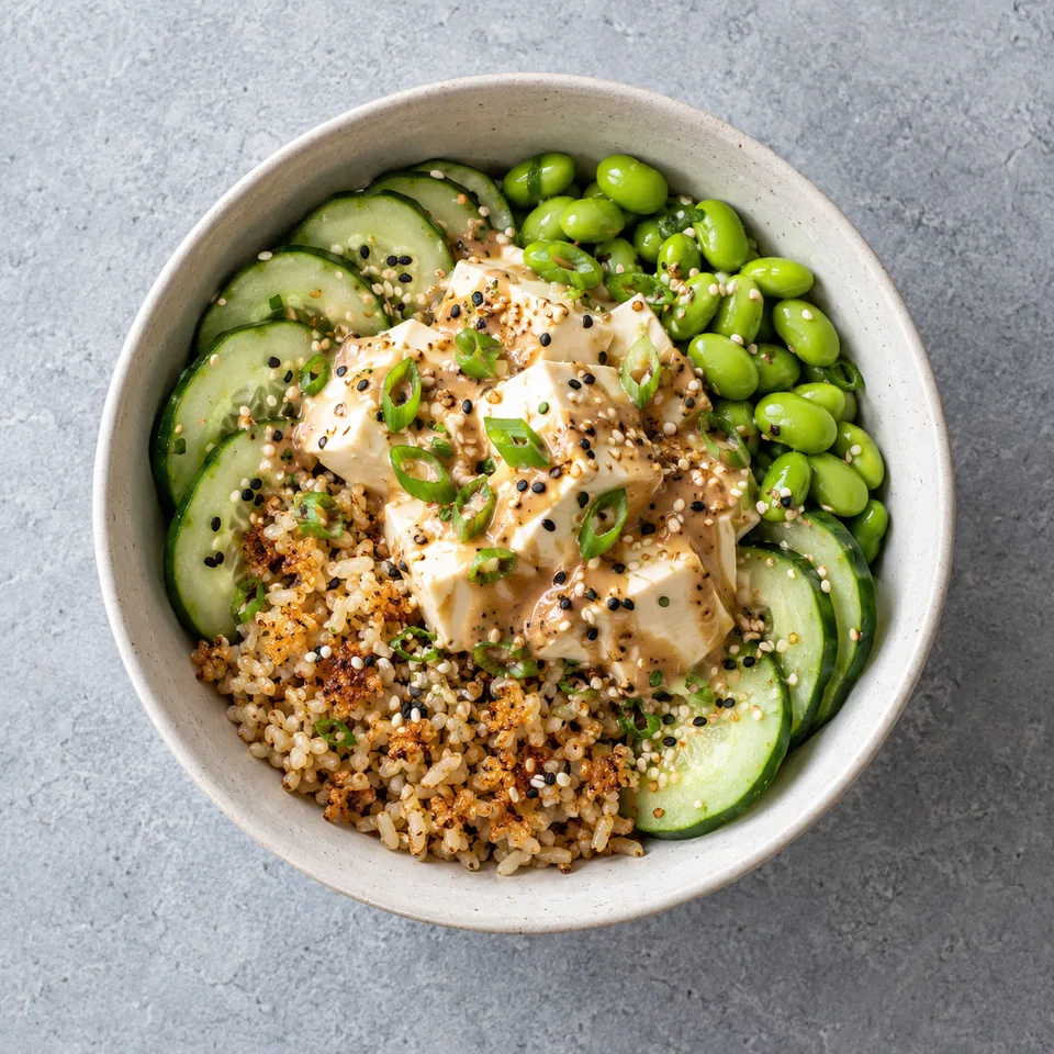 Tofu soyeux, edamame et riz croustillant dans un bol, avec concombre frais, graines de sésame et sauce nappée.