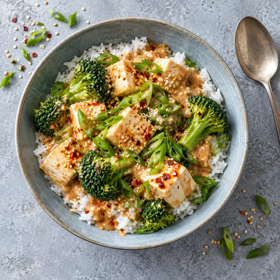 Assiette creuse bleu-gris contenant riz, tofu soyeux et brocoli nappés de sauce sésame et parsemés de ciboule.