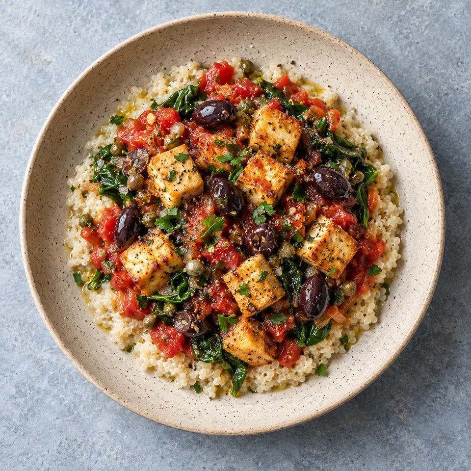 Assiette de tofu tomate-olives sur quinoa crémeux, couleurs chaudes et textures variées.