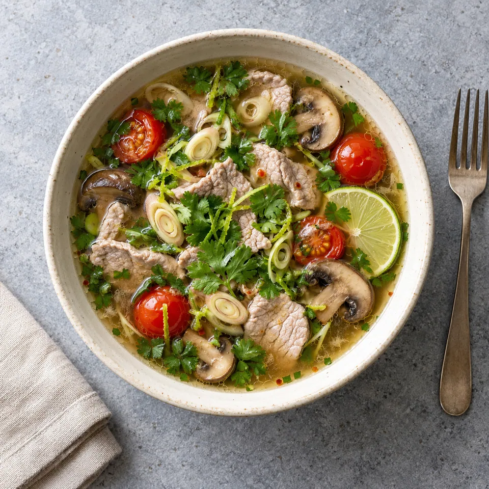 Tom saap, soupe thaïe au porc et citron vert dans un bol en grès crème, garnie de coriandre et tomates.