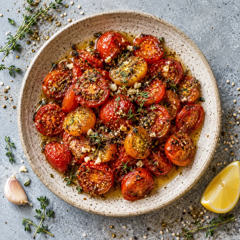 Tomates cerises rôties au zaatar et à l'ail sur assiette beige, dorées et juteuses.