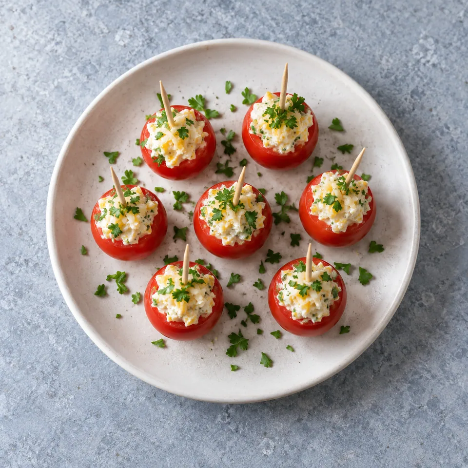 Tomates cocktail farcies au fromage frais sur une assiette, garnies de persil.