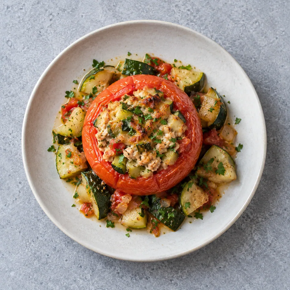 Tomates farcies au poulet et courgette : une tomate garnie posée sur des morceaux de courgette cuite.
