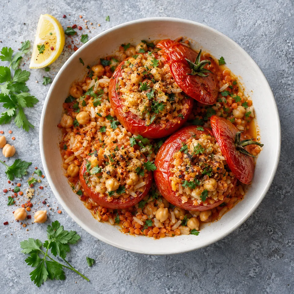 Tomates farcies au riz et aux pois chiches servies dans un bol blanc cassé, avec une garniture de riz et lentilles.