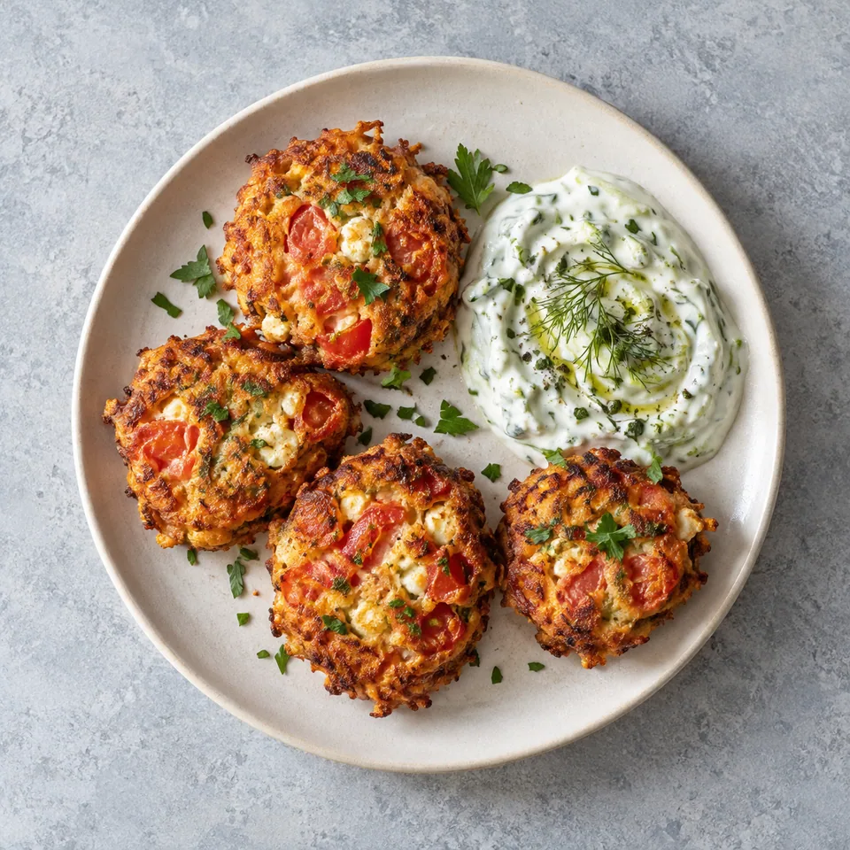 Tomatokeftedes de Santorin dorés et croustillants servis avec sauce tzatziki blanche et crémeuse sur assiette blanche.