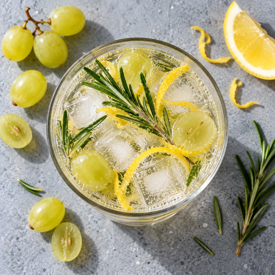Tonic raisin-romarin sans alcool : un grand verre transparent avec raisin écrasé, glaçons, romarin et zestes de citron.