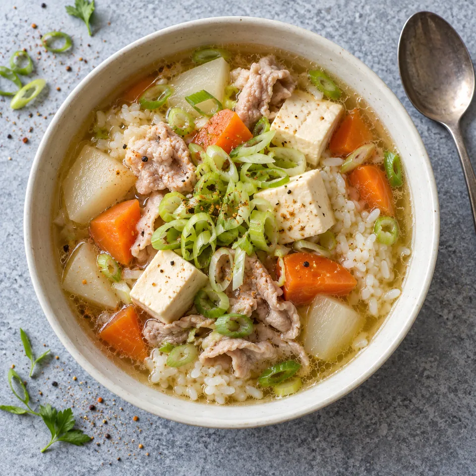 Bol de Tonjiru japonais avec porc, tofu, carottes, navet et riz dans un bouillon clair.