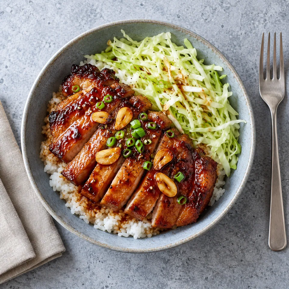 Tonteki : porc laqué doré et brillant servi avec riz blanc et chou blanc émincé cru sur assiette bleue.