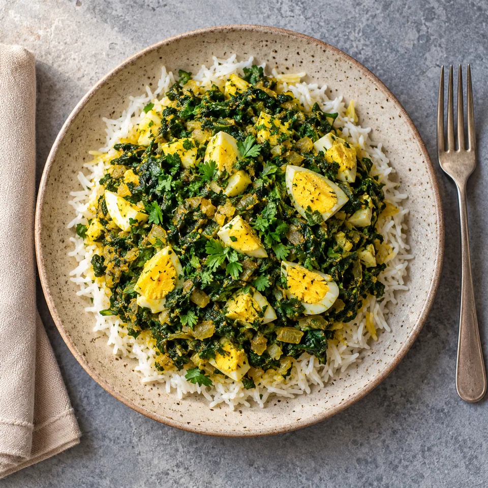 Portion de riz basmati nappé d'épinards aux herbes et œufs bien cuits sur assiette beige mouchetée.
