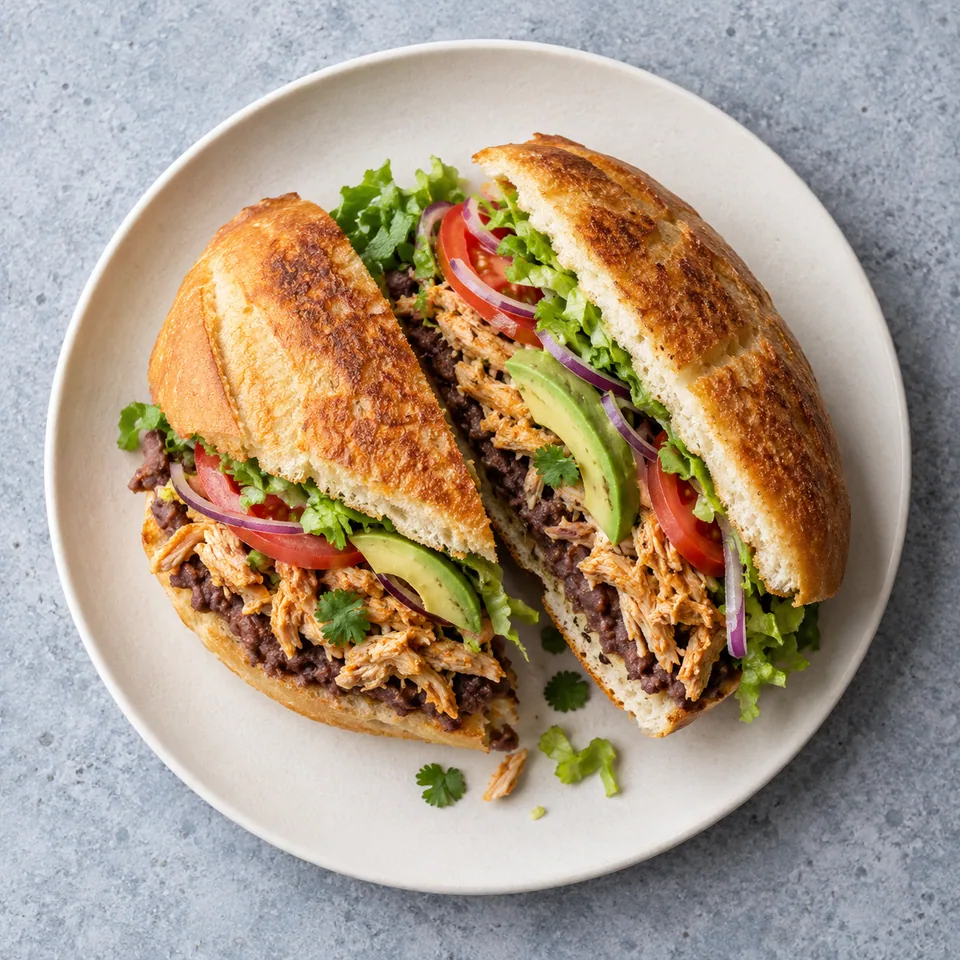 Sandwich mexicain au poulet, haricots et avocat sur assiette blanche