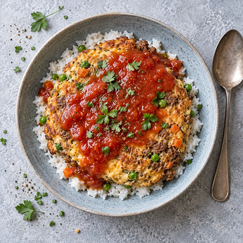 Tortang giniling : omelette au bœuf et légumes sur riz, nappée de coulis de tomate rouge sur assiette bleue.