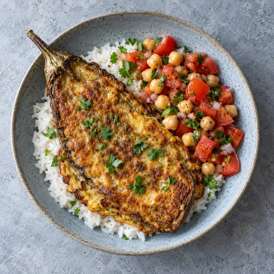 Tortang talong : omelette d'aubergine dorée, riz blanc et salade de tomates et pois chiches sur assiette.