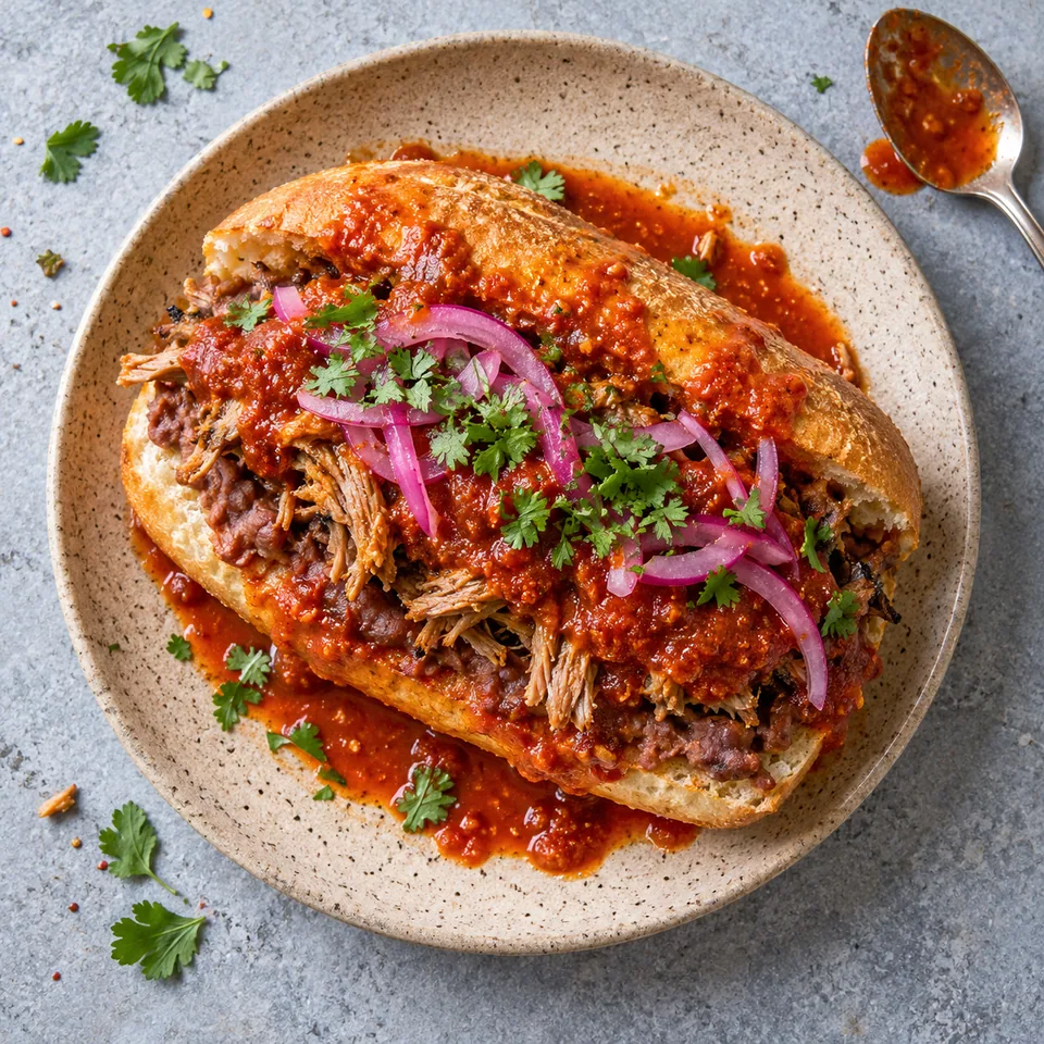 Tortas ahogadas au porc : pain toasté garni de haricots écrasés, porc effiloché, sauce tomate brillante et oignon rouge mariné.