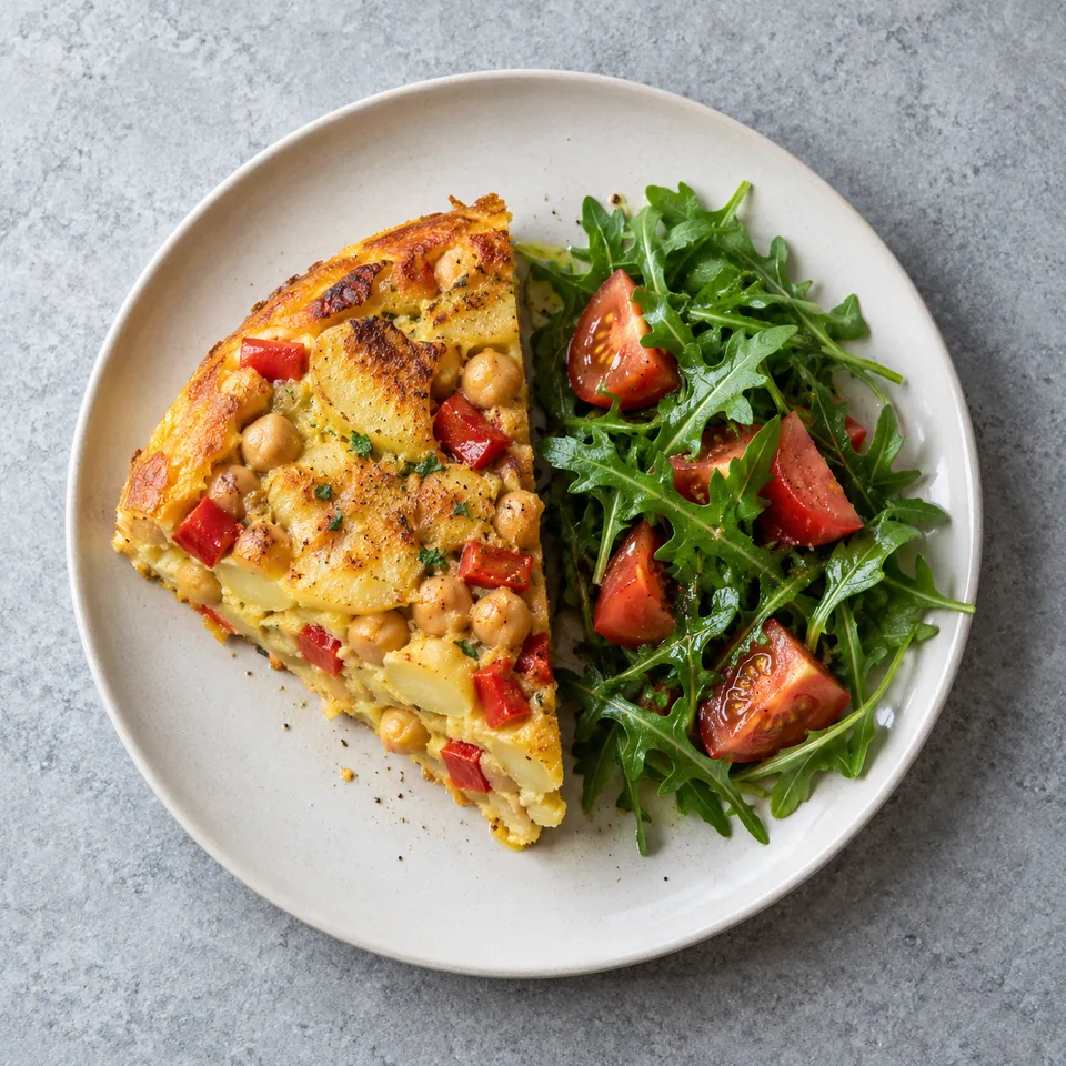 Tortilla aux pois chiches et poivrons en part dorée, accompagnée de roquette et de morceaux de tomates.