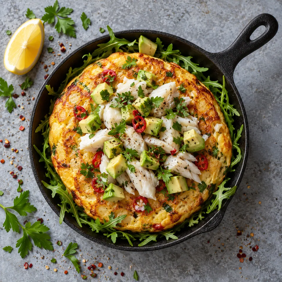 Tortilla de bacalao dorée avec avocat et morue dans un poêlon noir, sur roquette.