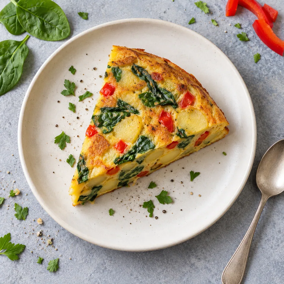 Part de tortilla espagnole froide aux épinards et poivrons sur assiette blanche, montrant les dés rouges et verts dans l'omelette jaune.