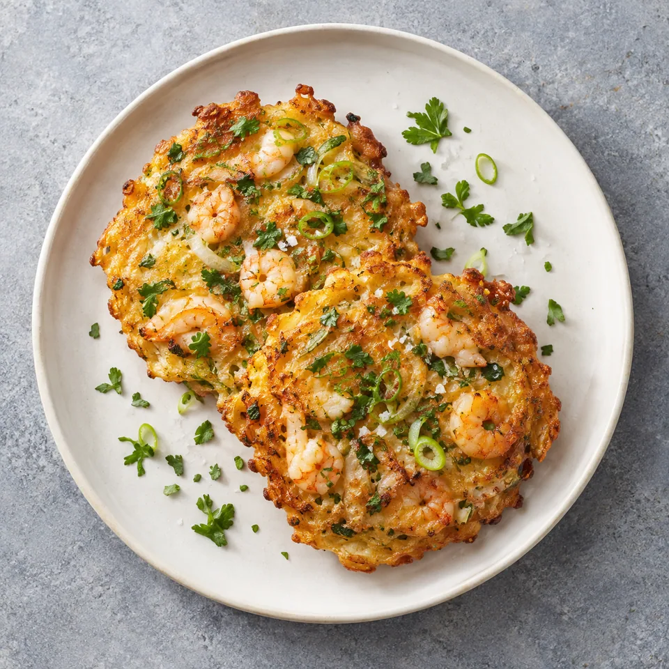 Tortillitas de crevettes : deux galettes dorées aux crevettes roses et oignon vert sur assiette blanche.