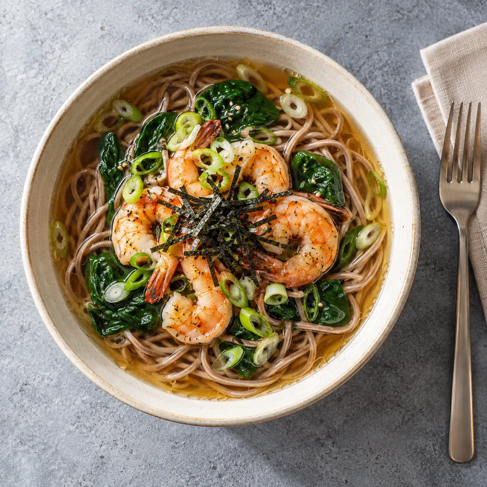 Toshikoshi soba aux crevettes dans un grand bol : nouilles, épinards, crevettes roses et nori dans un bouillon clair.