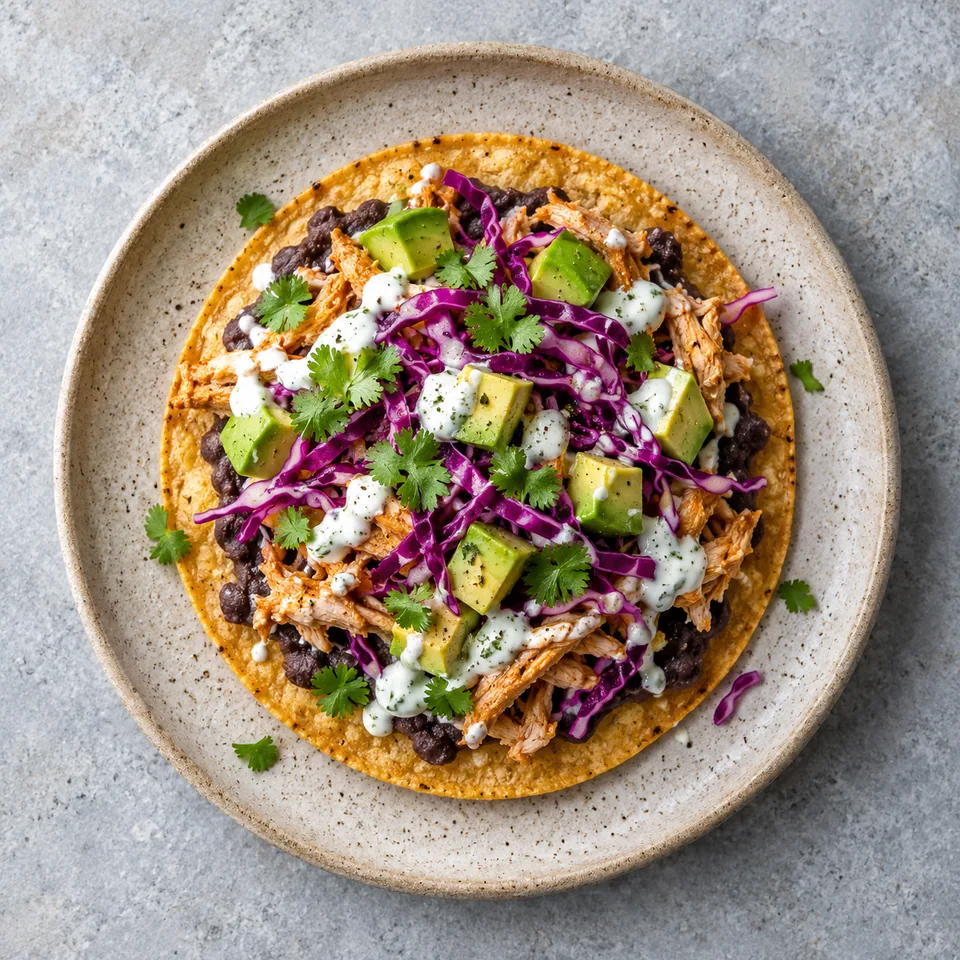 Tostada croustillante au poulet, haricots noirs, avocat et chou rouge sur assiette beige, vue de dessus.