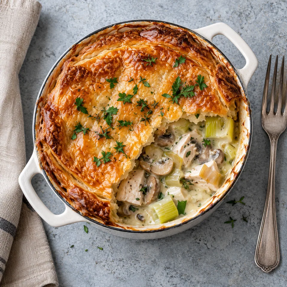 Portion de tourte au poulet et poireaux dans une cocotte blanche, pâte dorée et garniture crémeuse.