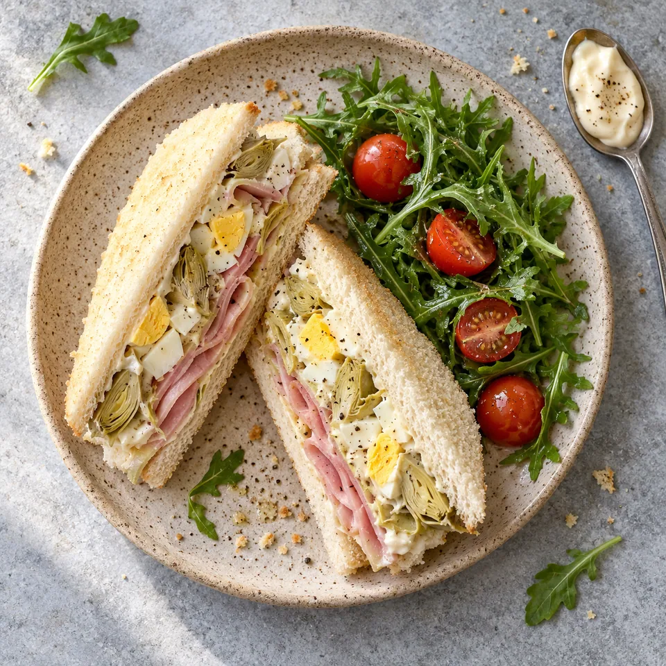 Tramezzini au jambon, artichauts et œuf dur : sandwichs triangulaires avec garniture visible, roquette et tomates cerises sur assiette beige.