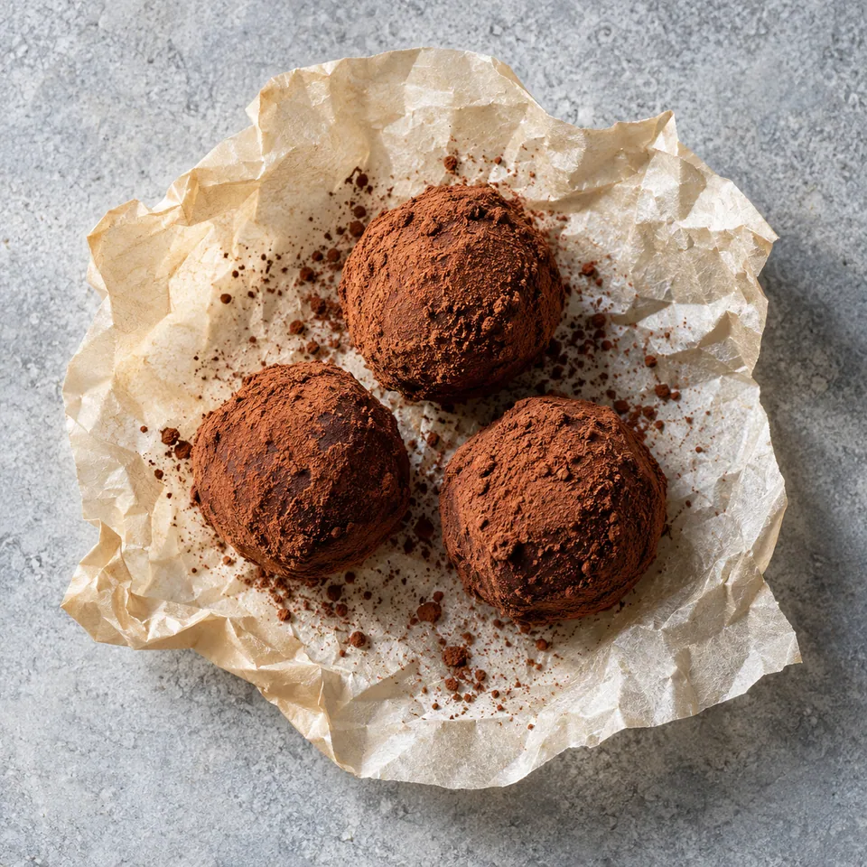Truffes au chocolat noir et au cacao : trois boules enrobées de cacao posées sur papier cuisson froissé.