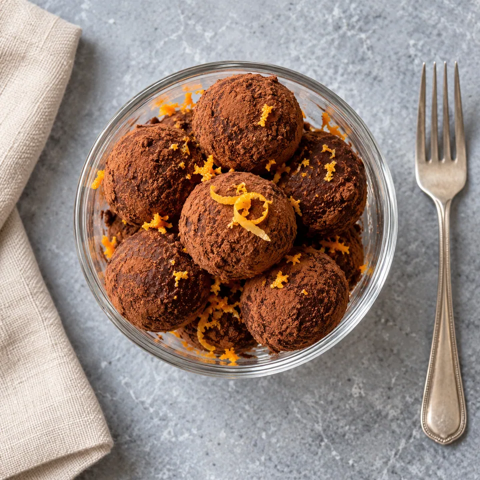 Truffes cacao-dattes en billes enrobées de cacao dans une verrine en verre