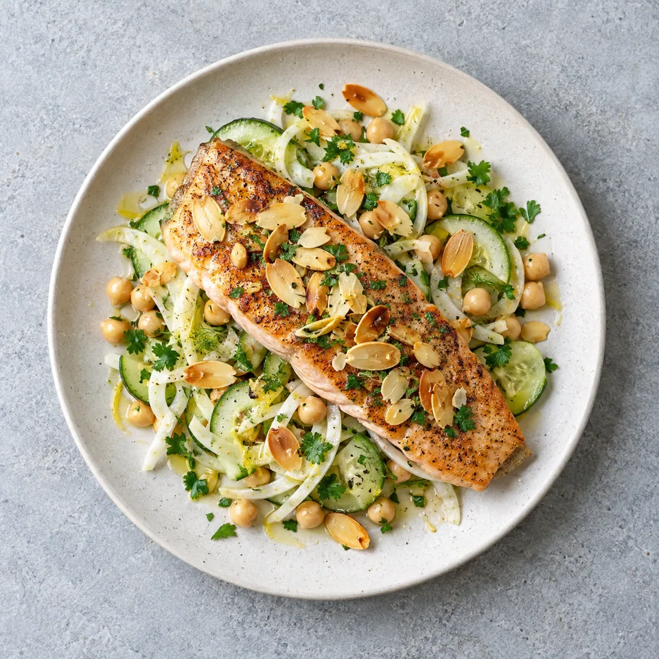 Truite grillée aux amandes, servie sur une salade de fenouil, concombre, pois chiches et persil, parsemée d’amandes dorées.
