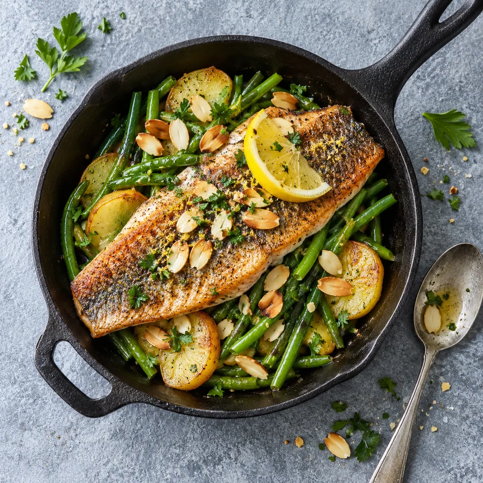 Truite poêlée aux amandes, haricots verts et citron dans un petit poêlon en fonte noire, peau dorée et croustillante.