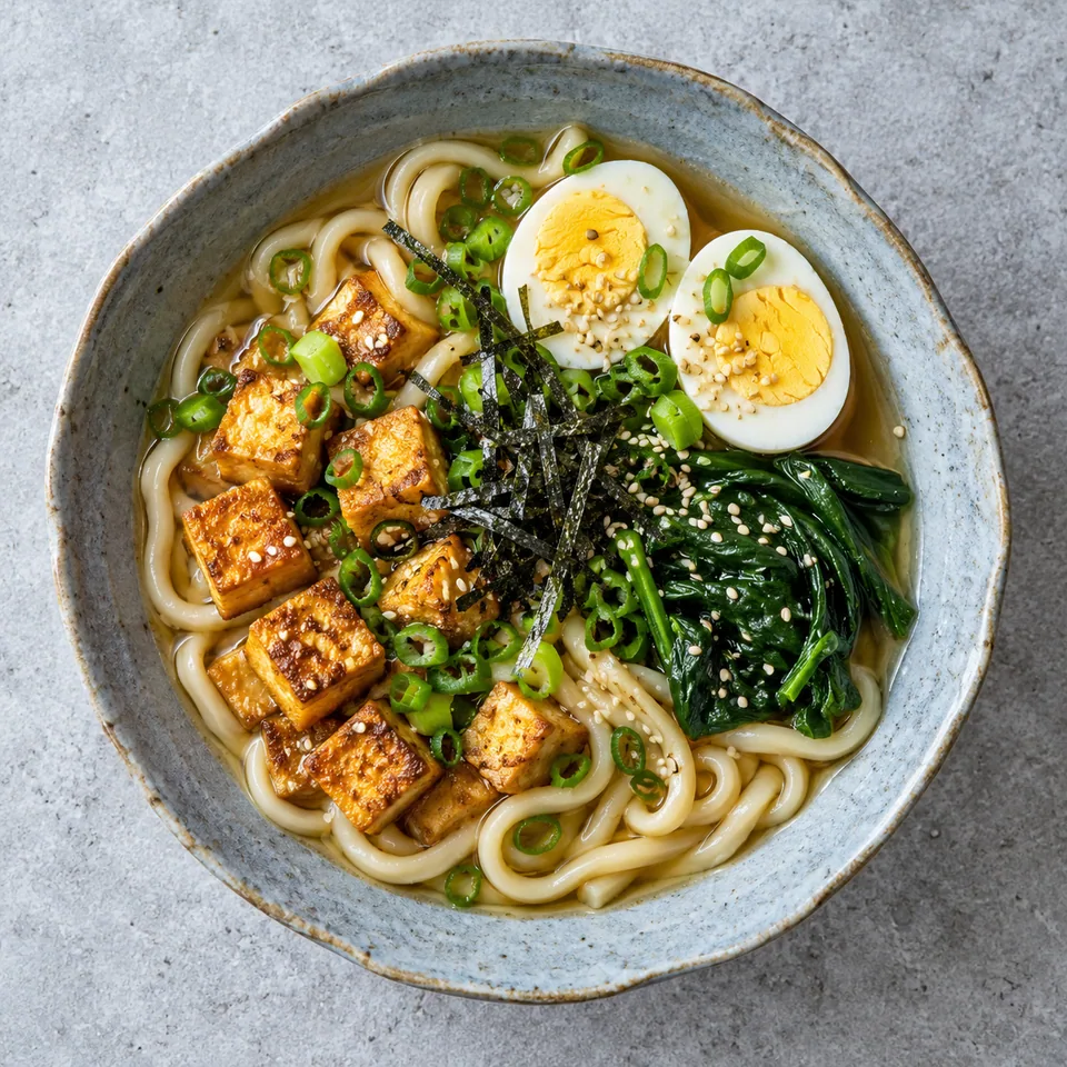 Tsukemen express : nouilles dans un bouillon clair avec tofu doré, œuf dur coupé, épinards, nori et ciboule dans un bol bleu-gris.