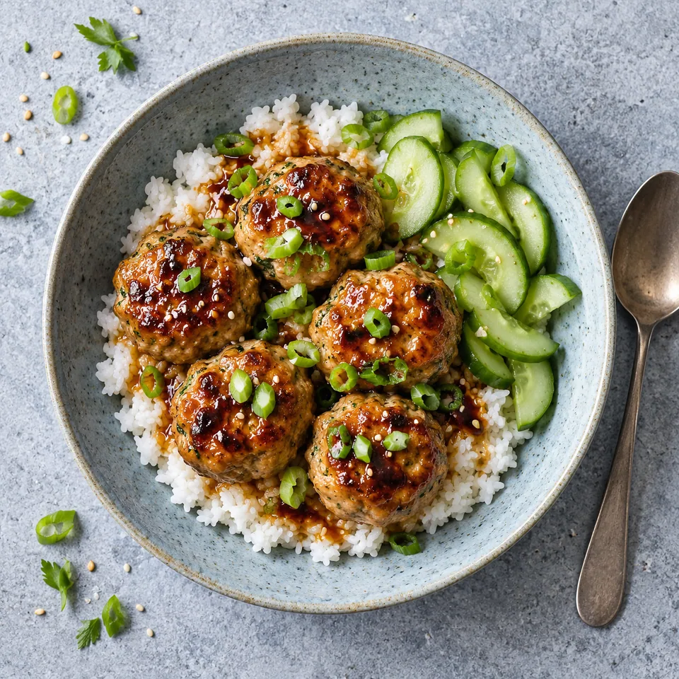 Tsukune, boulettes de poulet laquées façon yakitori : riz, concombre et boulettes dorées sur assiette bleue.